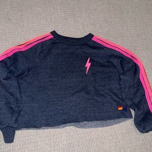 Aviator Nation Navy Cropped Sweatshirt with Pink Lightning and Stripes
